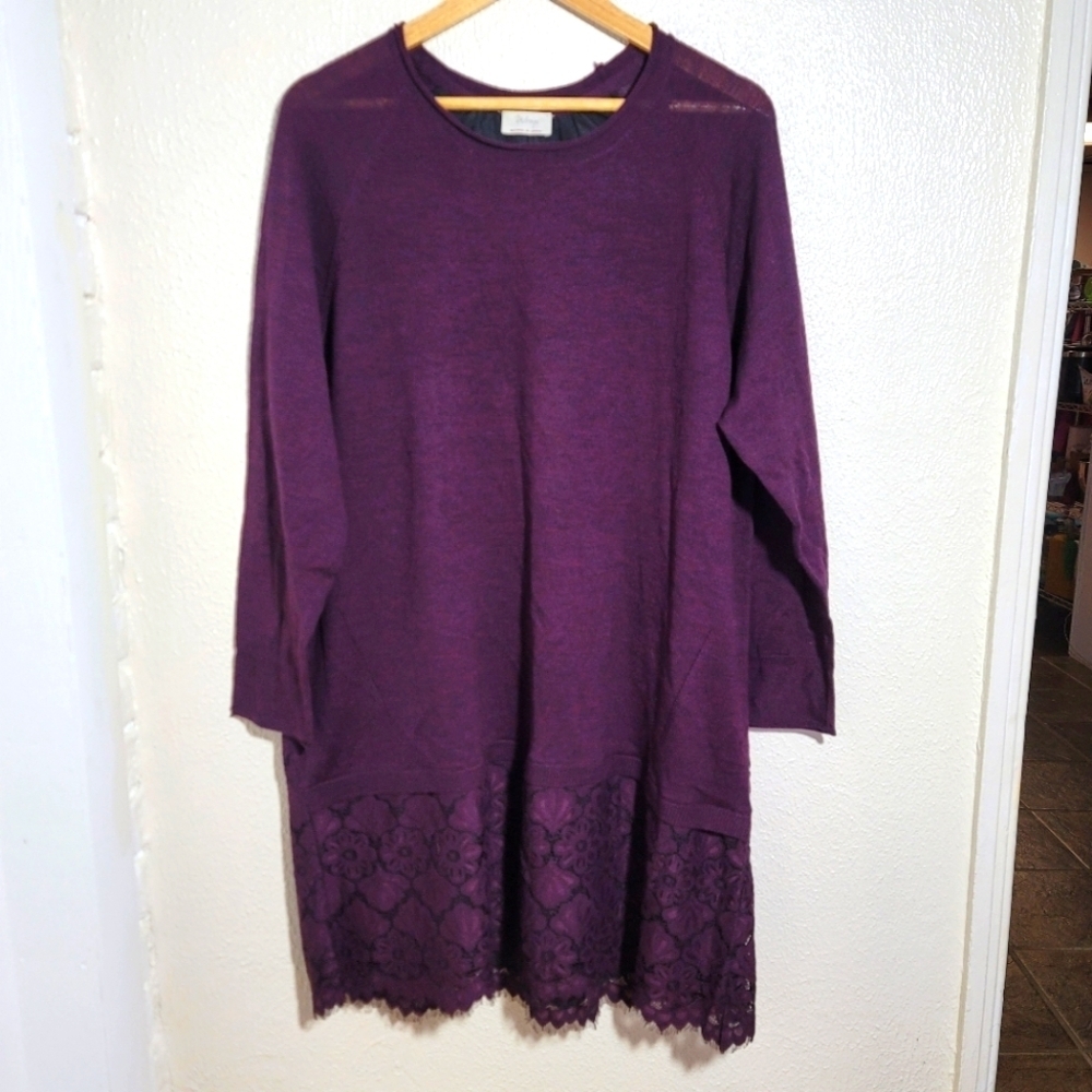 Wrap London 100% Merino Wool Shift Sweater Dress Lace Back sz 14 Dark Purple